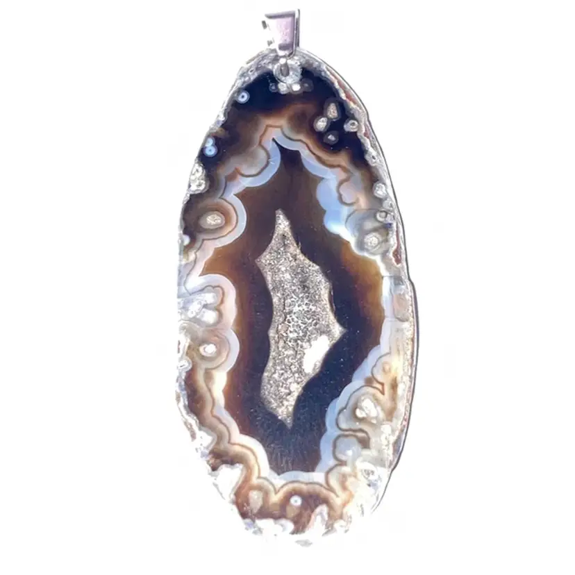 Beautiful Banded Stone With Crystal Pocket Pendant! 2” With Bail! HAND MADE BY ME!