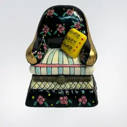 Cozy Black Sofa Chair With "HOME SWEET HOME" Pillow Trinket Box Porcelain 3"