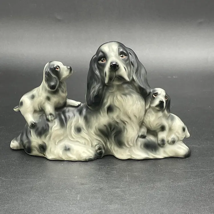 Cocker Spaniel Dog Mother Puppies Ceramic Figurine Black and White Vintage