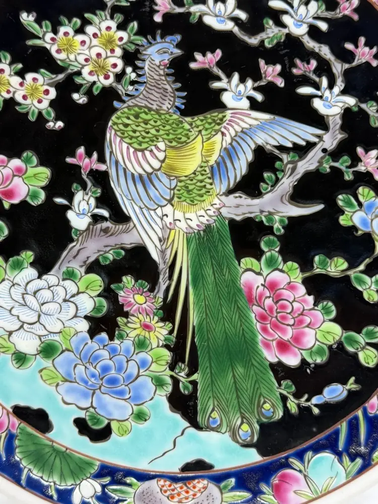 Vintage Famille Noir Nippon Wall Charger Plate Floral Flower Tree Peacock 10.75”