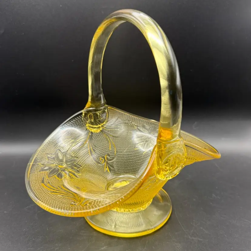 Tiara Indiana Glass Yellow Mist Sandwich Pattern Basket By John Dunlavy