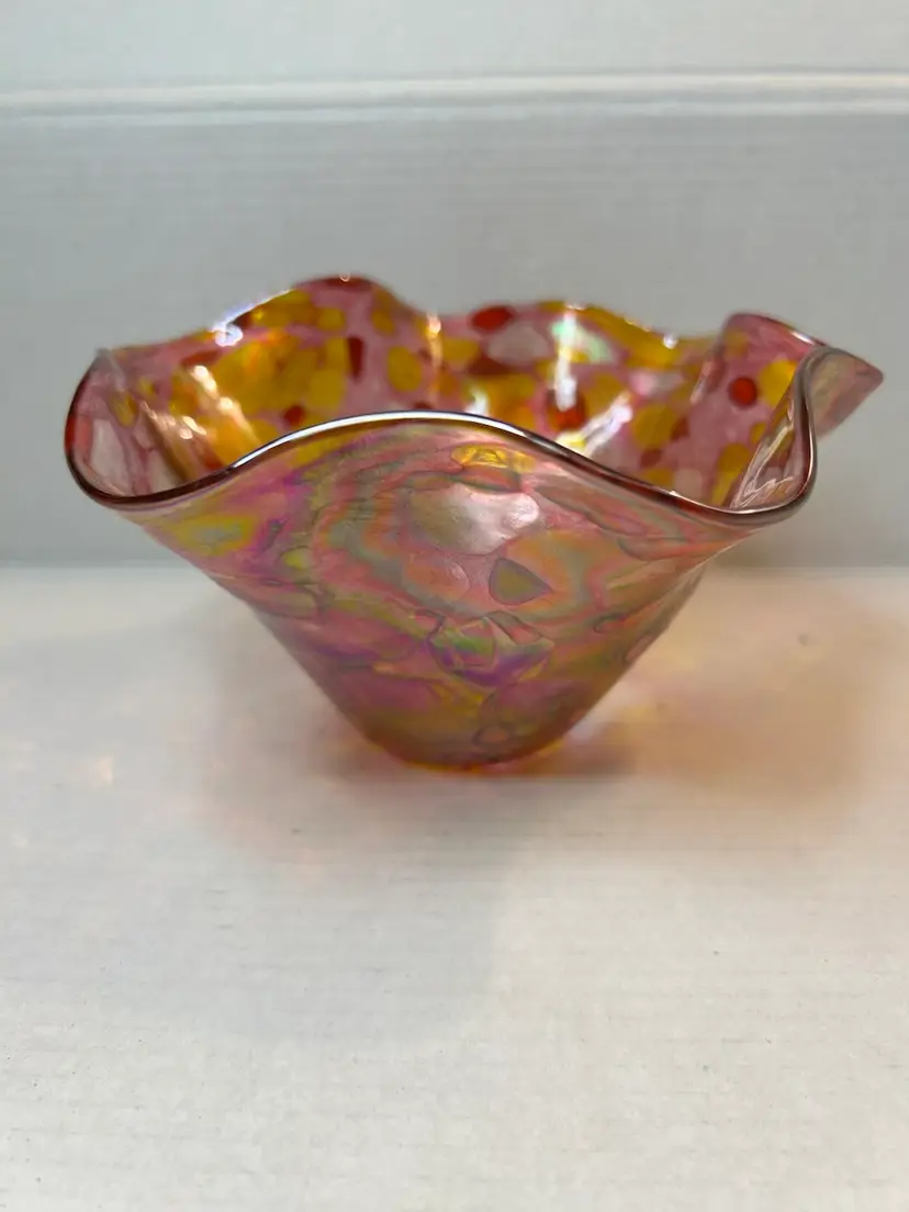 Glass Eye Studio Iridescent Red Confetti Mini Wave Art Glass Bowl