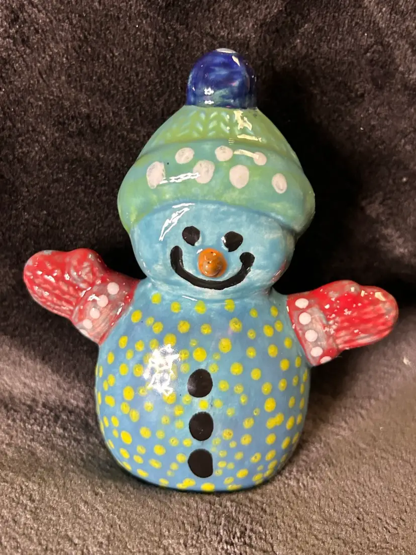 Whimsical Snowman Figurine with Hat & Gloves Folk Art Hand Painted