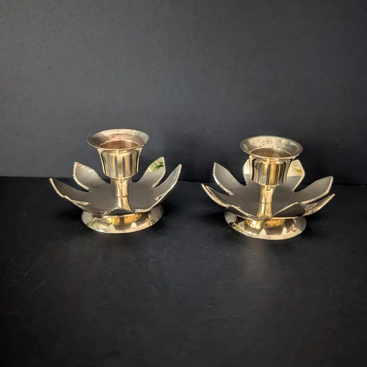Pair of Vintage Brass Flower Shaped Candle Holders