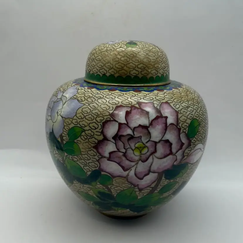 Lidded Chinese Asian Bird & Florals Cream Gold Cloisonné Ginger Jar 6x4.5”