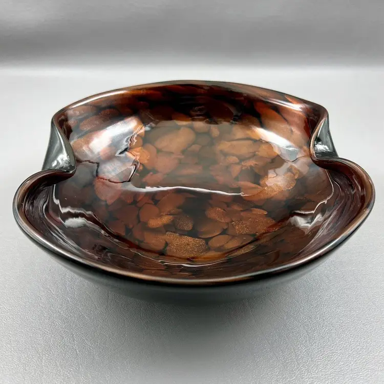 Vintage Murano Italy Brown Black Gold Fleck Art Glass Bowl W/Label