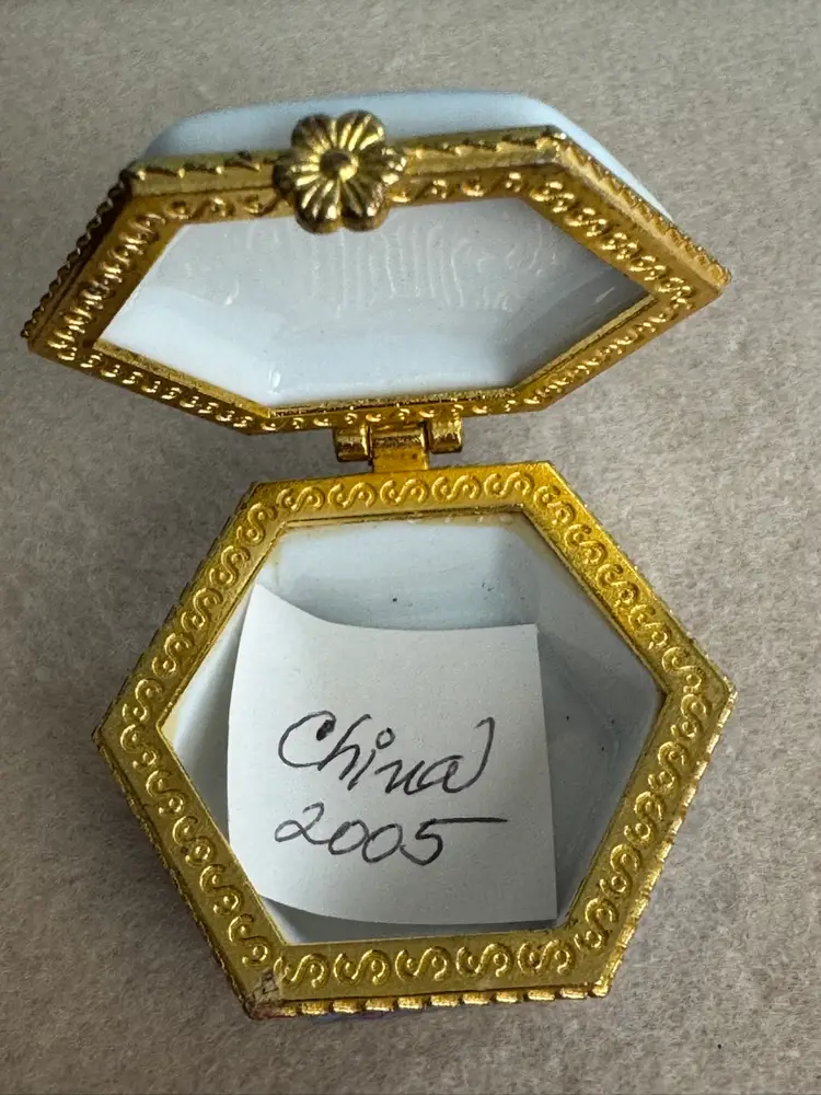 Vintage porcelain hexagonal trinket box with floral decoration and metal frame, Purchased In china