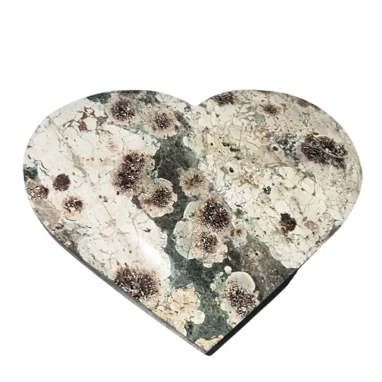 Green Flower Jasper Heart Shaped Flat Paperweight 4”