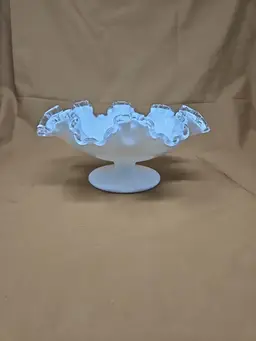 Fenton Silver Crest Double Crimped Ruffle Edge Milk Glass Footed Bowl Vintage