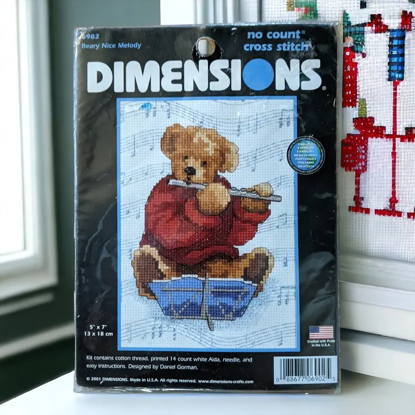 Dimensions No Count Cross Stitch Kit Beary Nice Melody 5"x7" Flute Music  #6902