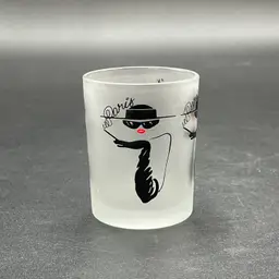 Frosted Shot Glass Paris Elegant Woman Hat Glove Sunglasses Red Lips Vintage