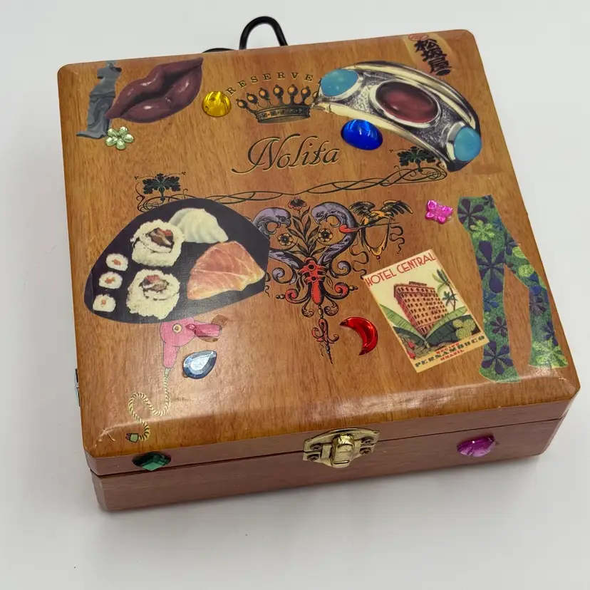 Graham Webb Nolita Cigar Wood Box Purse Handbag Embellished Hinged Vintage