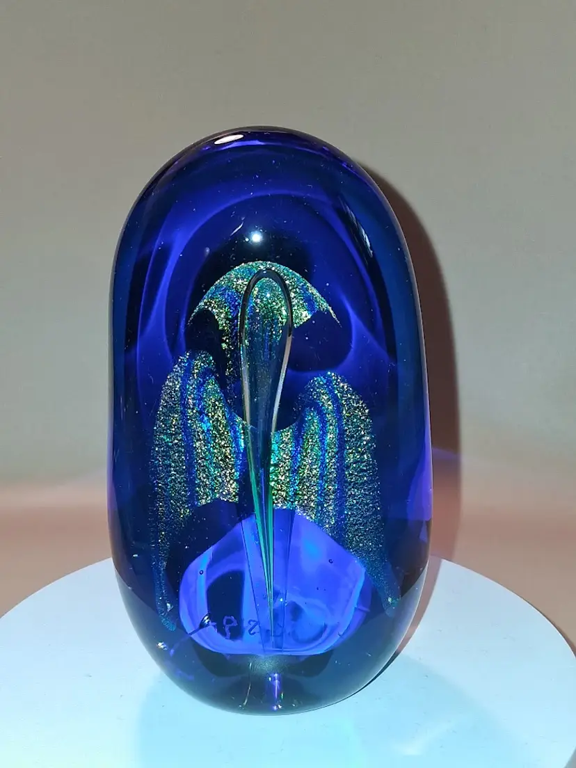 Vintage 90s Ron Schuster Studios, Indiana, Blue Dichroic Oblong Paperweight, Signed, Marked, Dated, Label