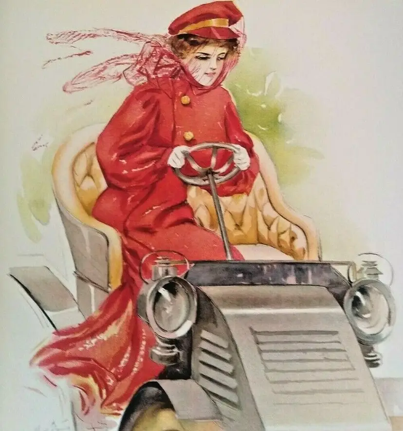 Victorian Art Print Lady Driving Jalopy Car Original 10X13 Litho 1908 Maud Stumm