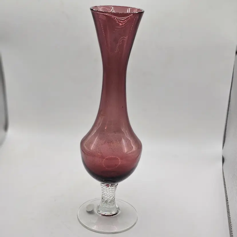 Amethyst Purple Glass vase with clear Etched base vintage made in Japan