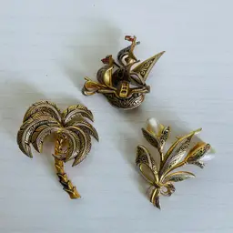 Three Damascene Vintage Brooch Ladies Pins Spain Lot Costume Jewelry Palm Ship