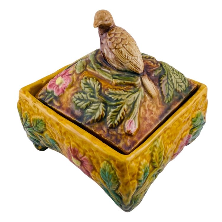VTG Majolica Bird Trinket Box Ceramic Floral Colorful