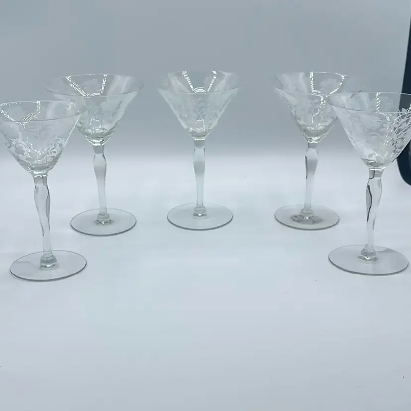 Vintage Etched Martini Glasses 6.25” Set Of 5