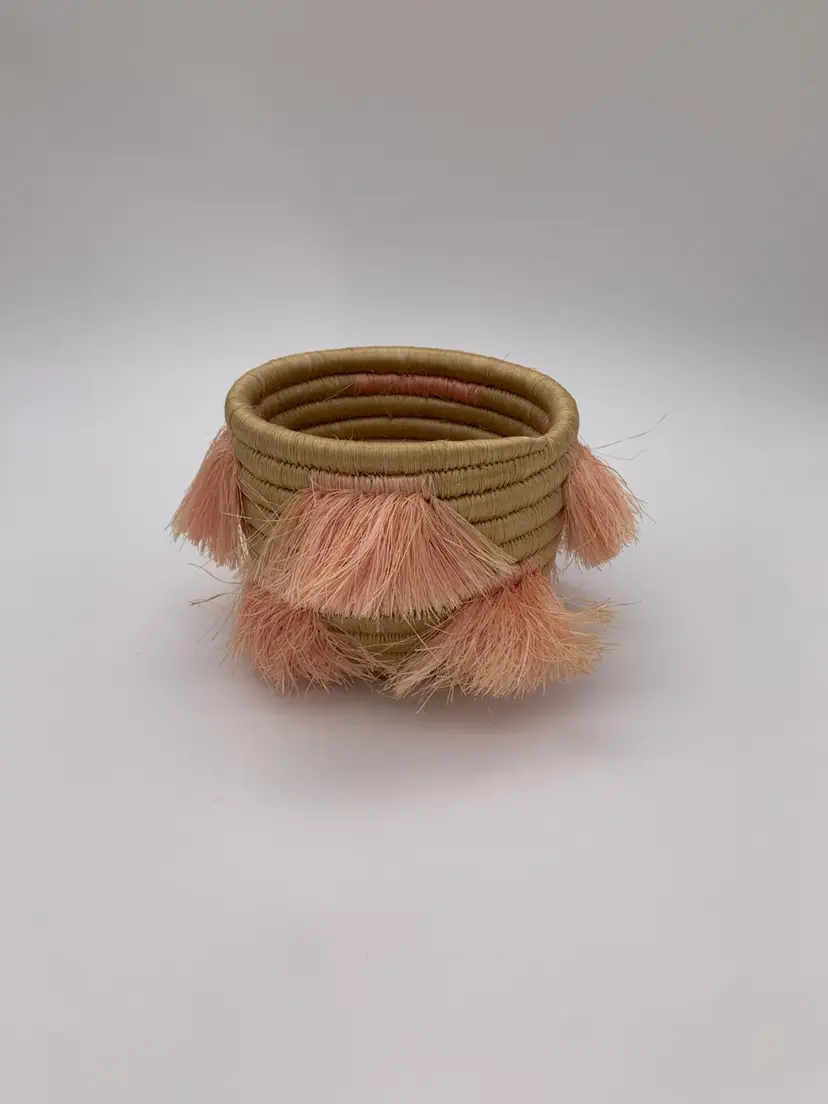 Vintage Decorative Bohemian Shabby Chic Handwoven Basket With Tassel 4” X 5”