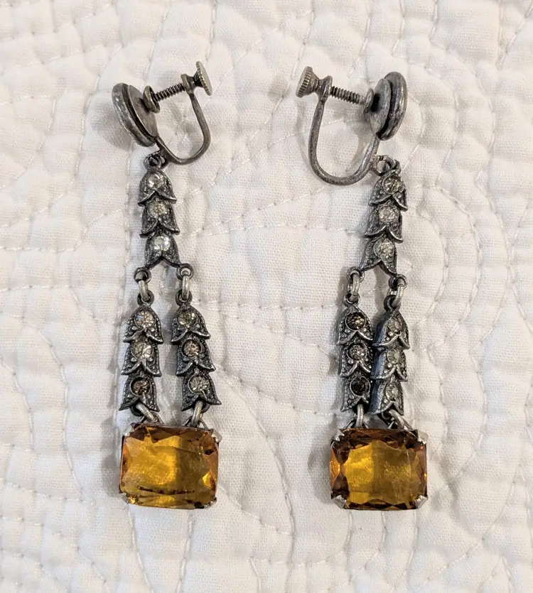 Antique Sterling Silver Art Deco Citrine, Marcasite and Rhinestone Long Dangly Screw Back Earrings
