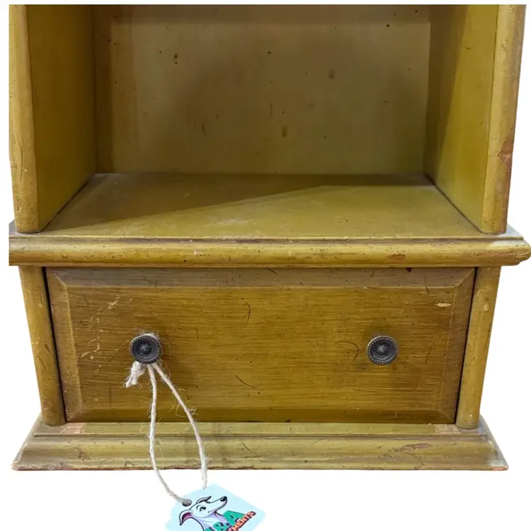 Yellow Vintage Pyramid Shape Shelving Unit With Drawer 30 Inches Tall 6 Inches Deep