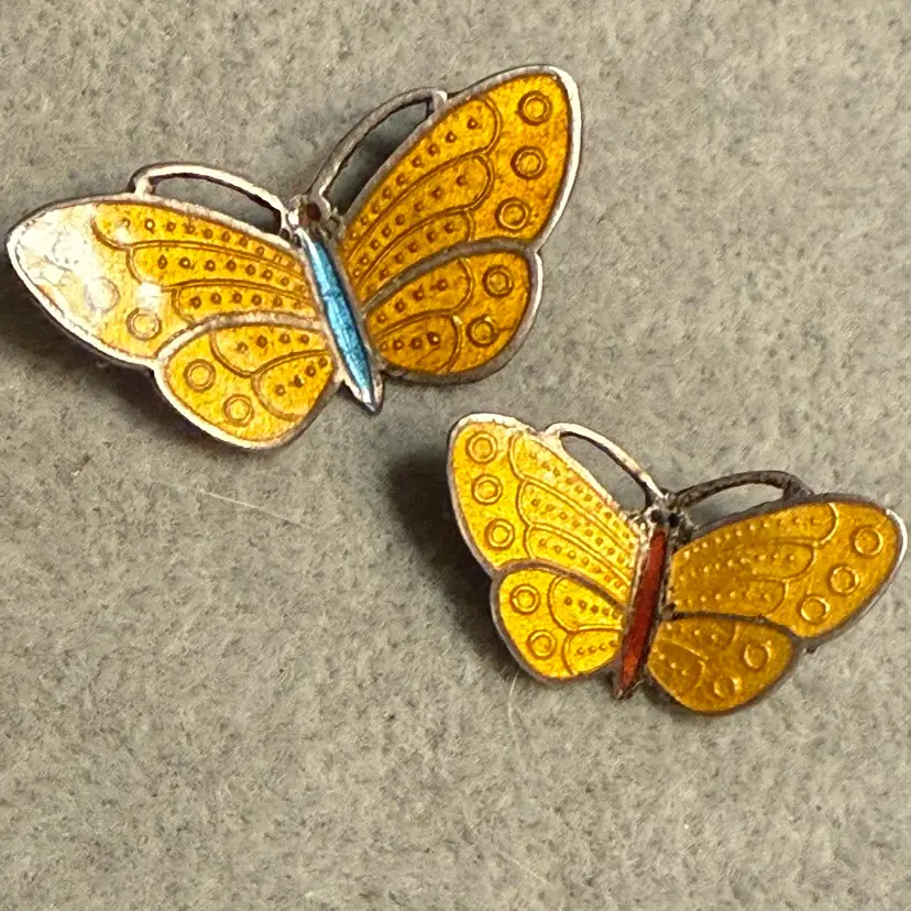 Set Of 2 Butterfly Vintage Guilloche Enamel Siam Thailand Sterling Pins Brooches
