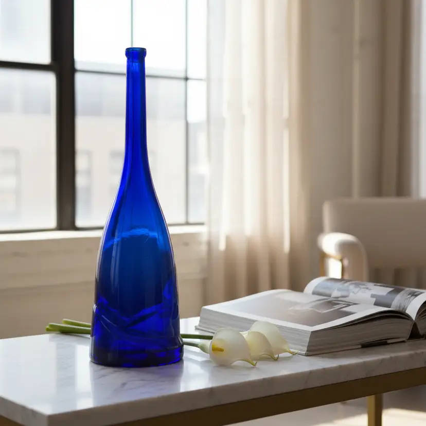 Vtg Italian Cobalt Art Glass Long Neck Bottle / Decanter / Sun Catcher, 19.2"