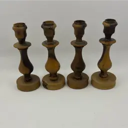 Set of 4 Hand Tooled Olive Wood Candlesticks, 5”