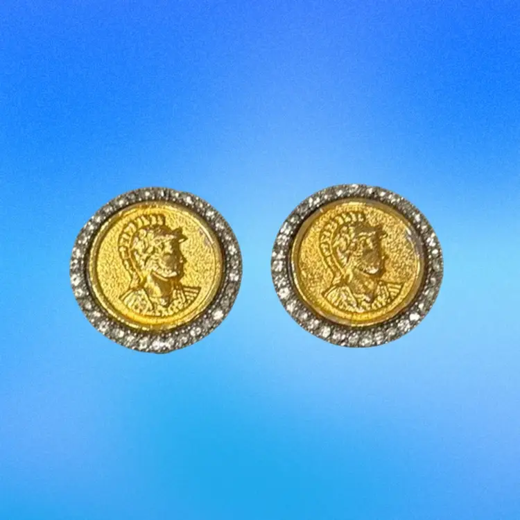 Vintage 80’s Glam Designer Judith Lieber Goldtone Pave Rhinestone Roman Soldier Clip On Earrings 1”