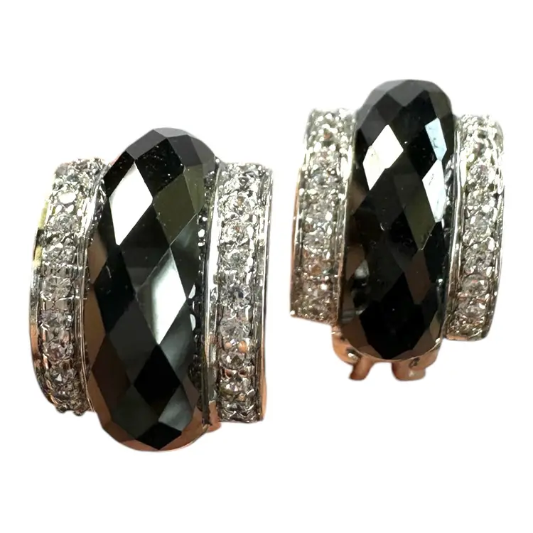 Sterling silver, black stone, tapestry neck, necklace, and earrings