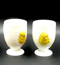 Westmoreland Milk Glass Baby Chick Handled Egg Cup Set Of 2.