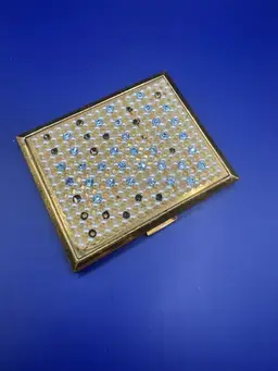 17 Vintage Compact Embellished With Tiny Pearls And Light Blue Sparkling Rhinestones (missing some rhinestones) Marked Elgin American