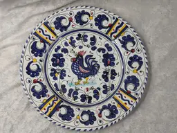 Vintage PV Deruta Italy Singing BLUE ROOSTER Chicken Peasant Valley Dinner Plate 10" Yellow Trim Hand painted Replacement Wall decor