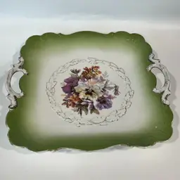 P. M. (Porzellanfabrik Moschendorf)-Bavaria- Square Porcelain Cake Plate- Handled- 10.25” x  9.5” Scalloped Edge Green Floral