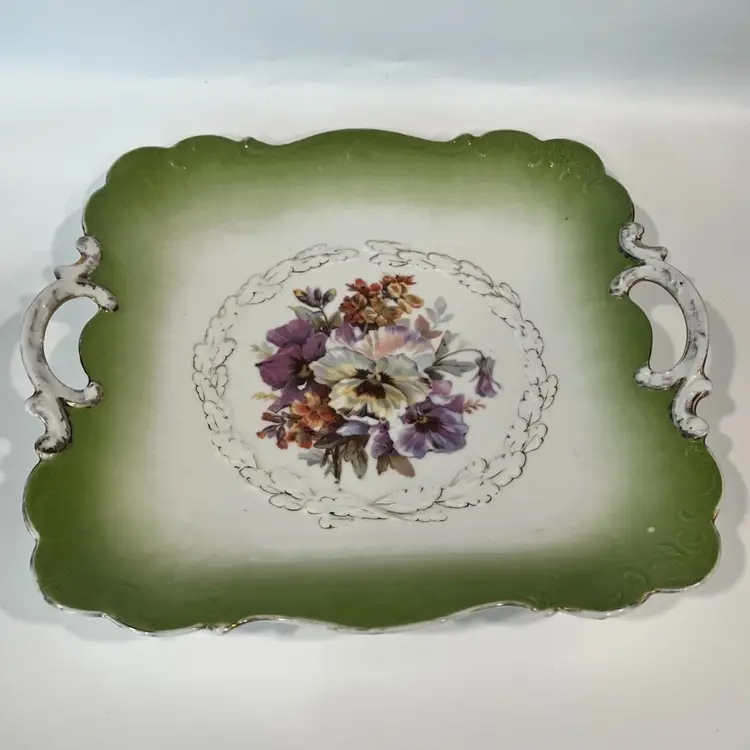 P. M. (Porzellanfabrik Moschendorf)-Bavaria- Square Porcelain Cake Plate- Handled- 10.25” x 9.5” Scalloped Edge Green Floral