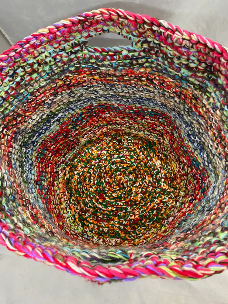 Hand Crochet Multicolor Double Handle Scrap Yarn Storage Basket 11.5”x 14”