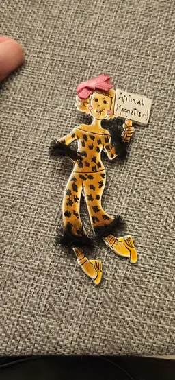 Vintage AJMC Pin Brooch "ANIMAL MAGNETISM" Girl Figurine 3.25"