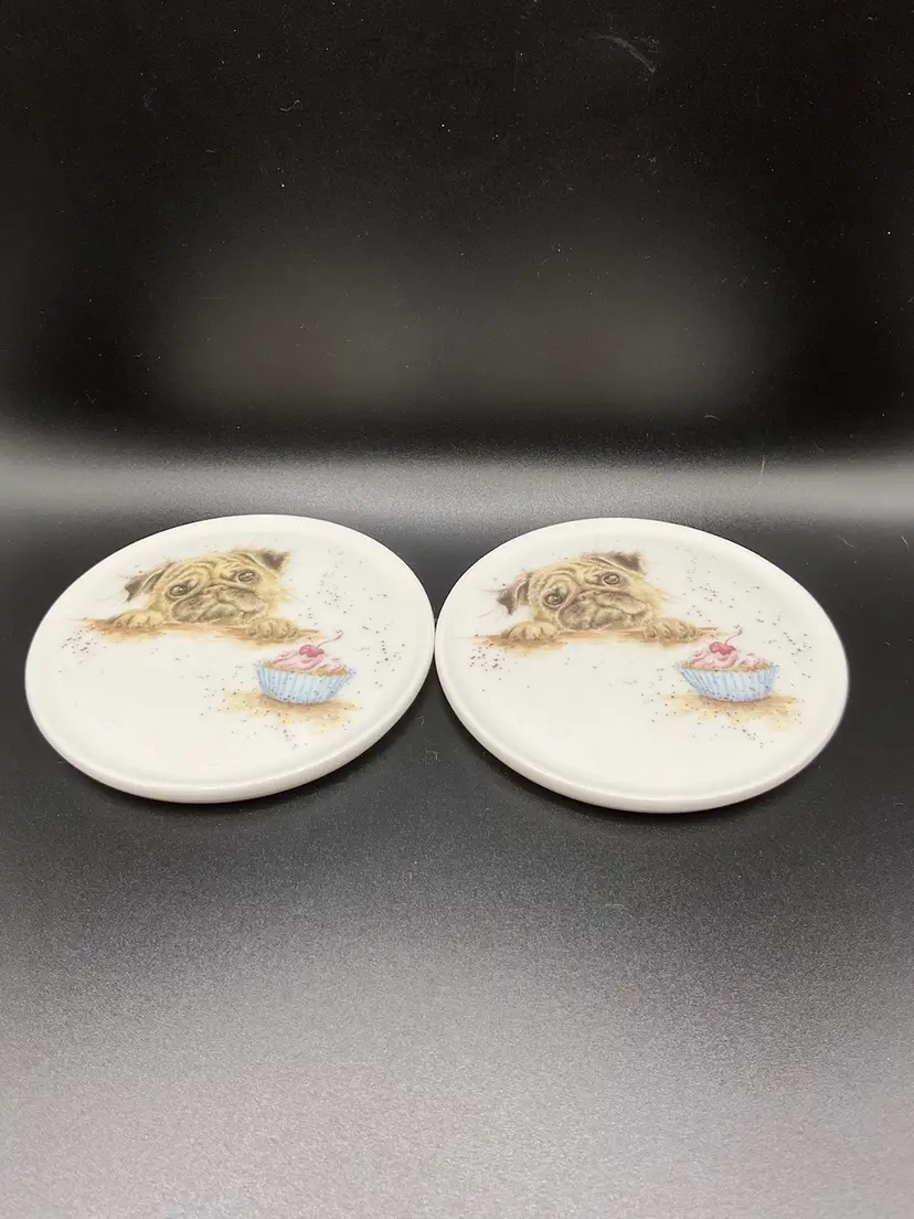 Set Of 2 Royal Worcester Love Pug Coasters