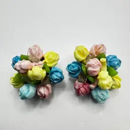 Vintage Molded Plastic Flower Cluster Pastel Bouquet Antique Brass Clip Earrings, Stamped W. Germany, Made in W. germany