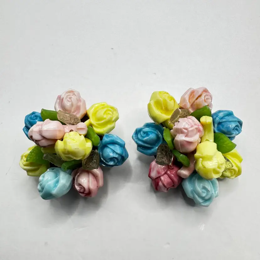Vintage Molded Plastic Flower Cluster Pastel Bouquet Antique Brass Clip Earrings, Stamped W. Germany, Made in W. germany