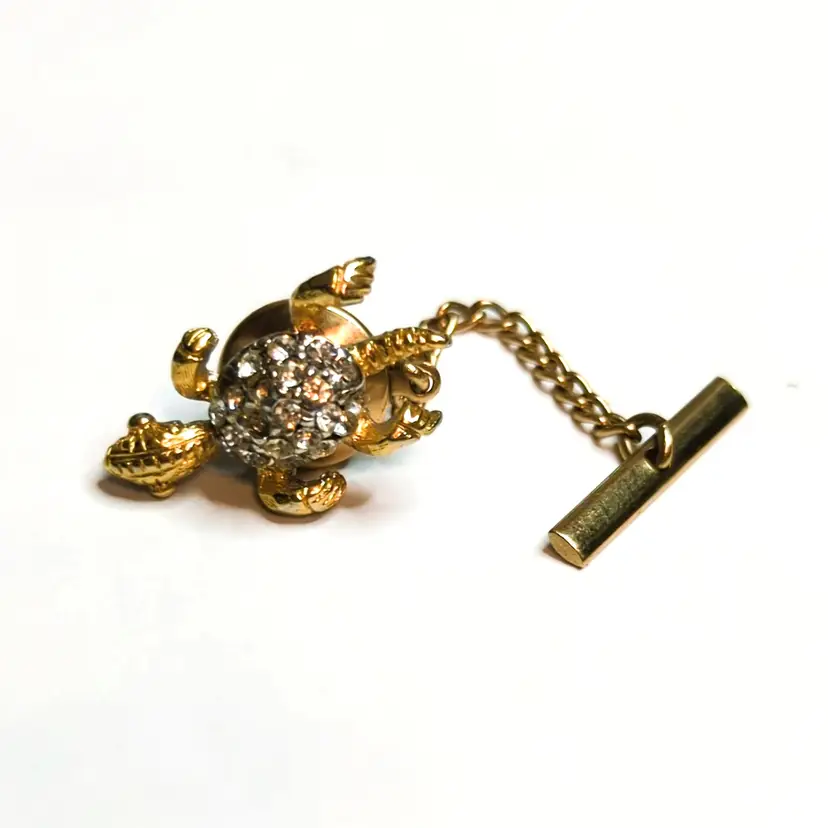 Vintage Rhinestone Turtle Gold-Tone Tie Tack Pin, Missing 2 Stones