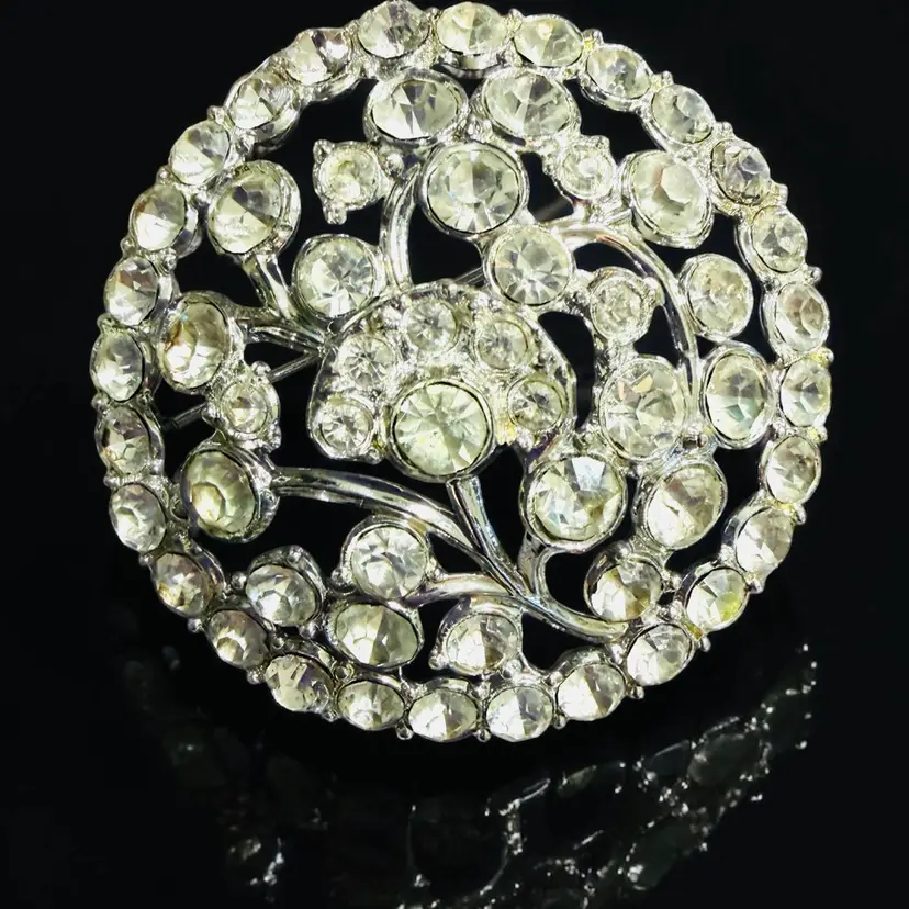 Vintage Silver Tone Clear Rhinestone Floral Brooch - 2.2” Diameter
