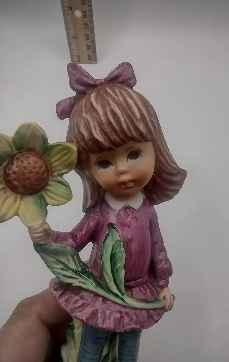 Vintage Ceramic Girl Figurine with Sunflower 1973 Fran Mar Moppets
