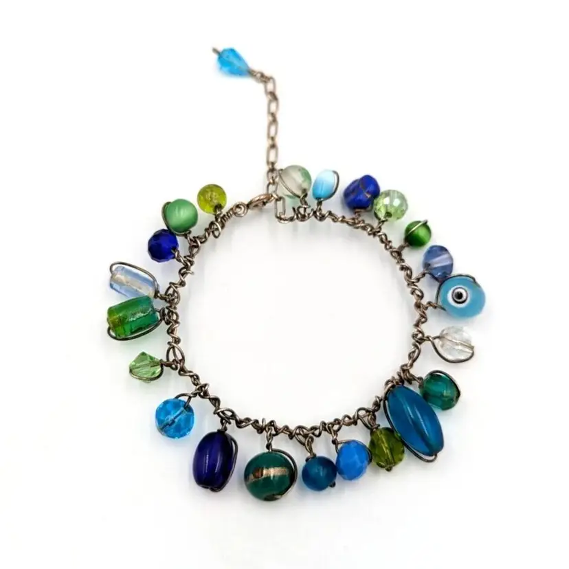 Sterling Silver Art Glass Beads Bracelet 925 Wire Wrap Adjustable 8" Max
