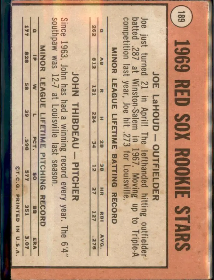 1969 Topps #189 Red Sox 1969 Rookie Stars (Lahoud / Thibdeau) RC - ( pk3 ) - Boston Red Sox