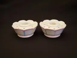 Flower Candleholders Holt Howard Ceramic Striped Pastel set of 2 with stickers