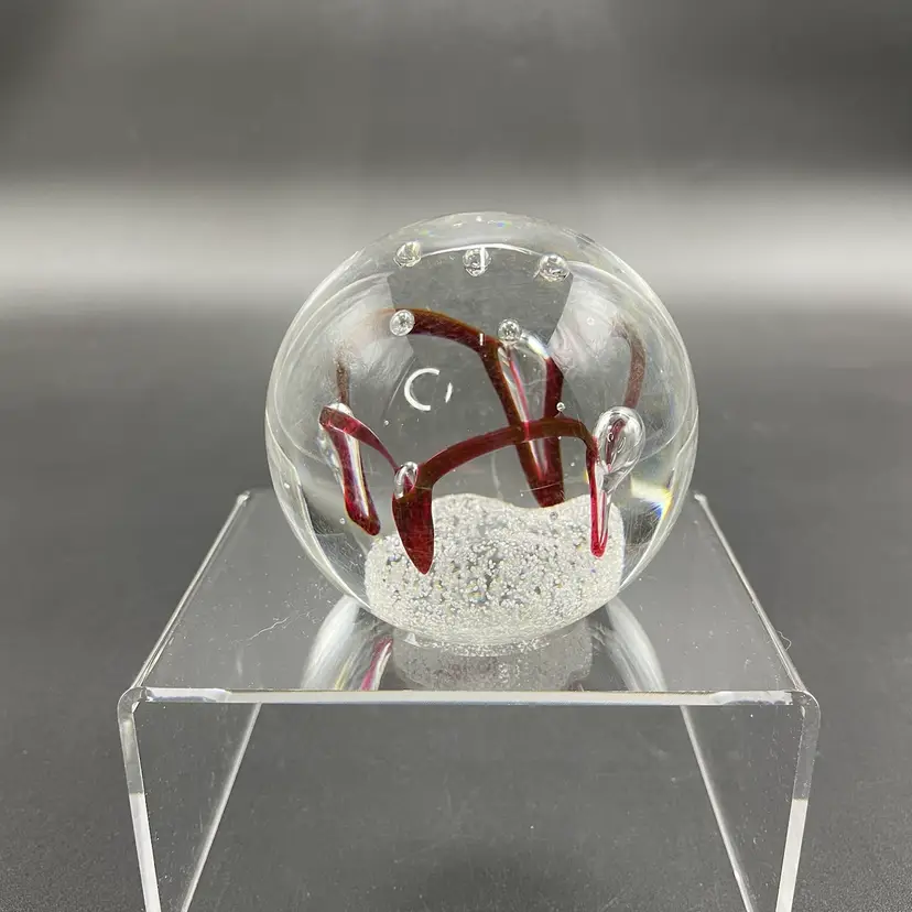 Adam Jablonski AJ Red Ribbon Controlled Bubbles Art Glass Paperweight Signed