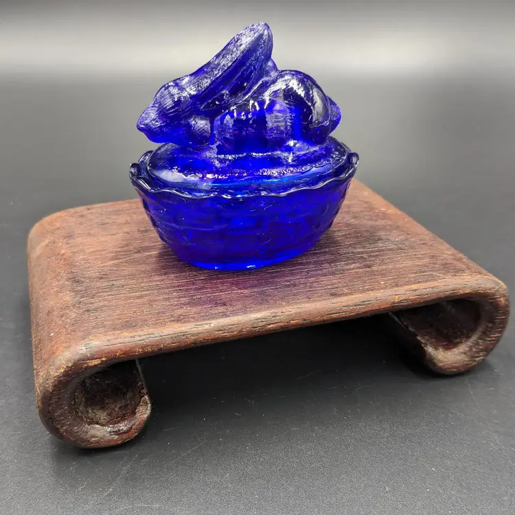 Vintage Cobalt Blue Glass Mini Bunny on Nest