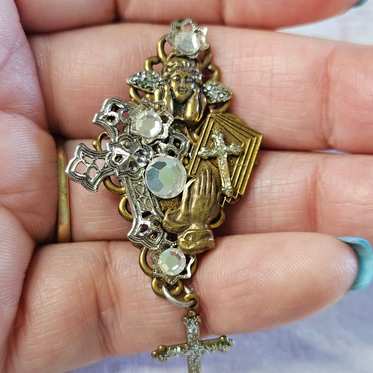 OOAK RELIGIOUS BROOCH CROSS ANGEL