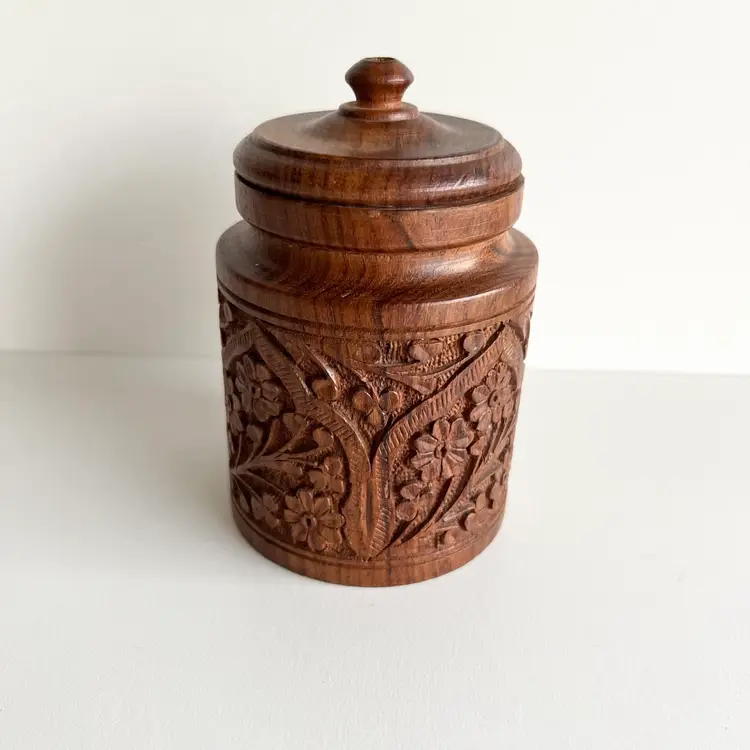 Sheeham Wood Carving Canister, Boho Storage